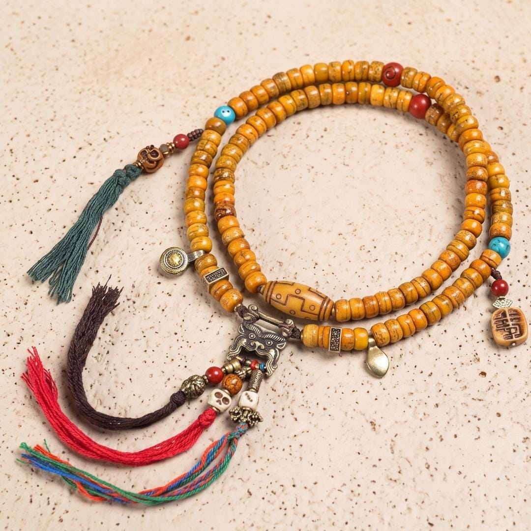 Handcrafted 108 Prayer Beads, Mindful Meditation Wrap Bracelet, Ethnic Dzi Bead Jewelry, Boho Chic Gift for Yogi, Unisex Birthday Gift