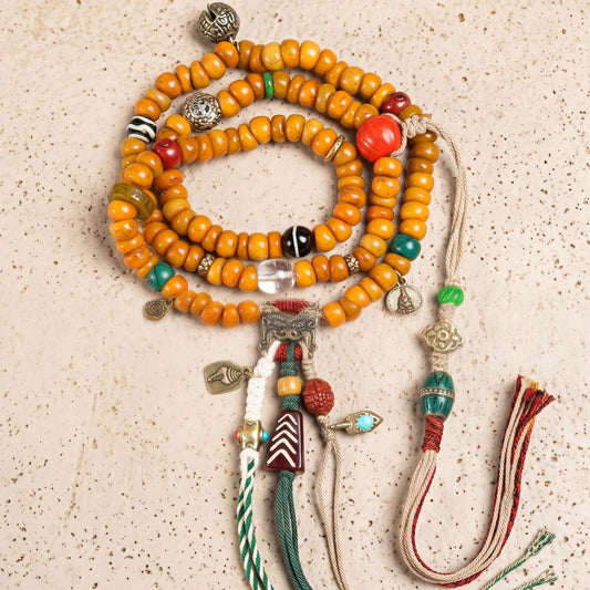 108 Mala Beads Necklace, Dzi Bead, Ethnic Charm, Boho Wrap Bracelet, Meditation Jewelry