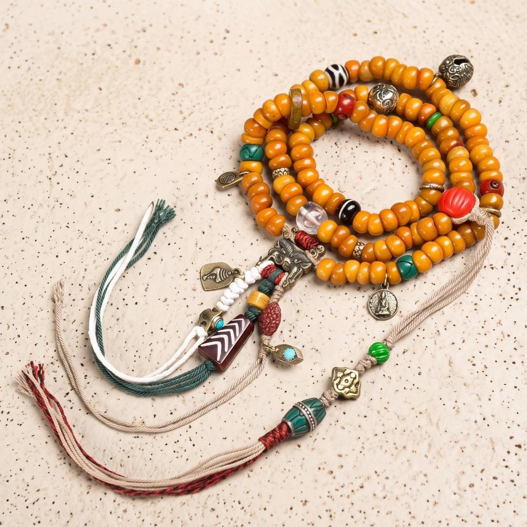 108 Mala Beads Necklace, Dzi Bead, Ethnic Charm, Boho Wrap Bracelet, Meditation Jewelry