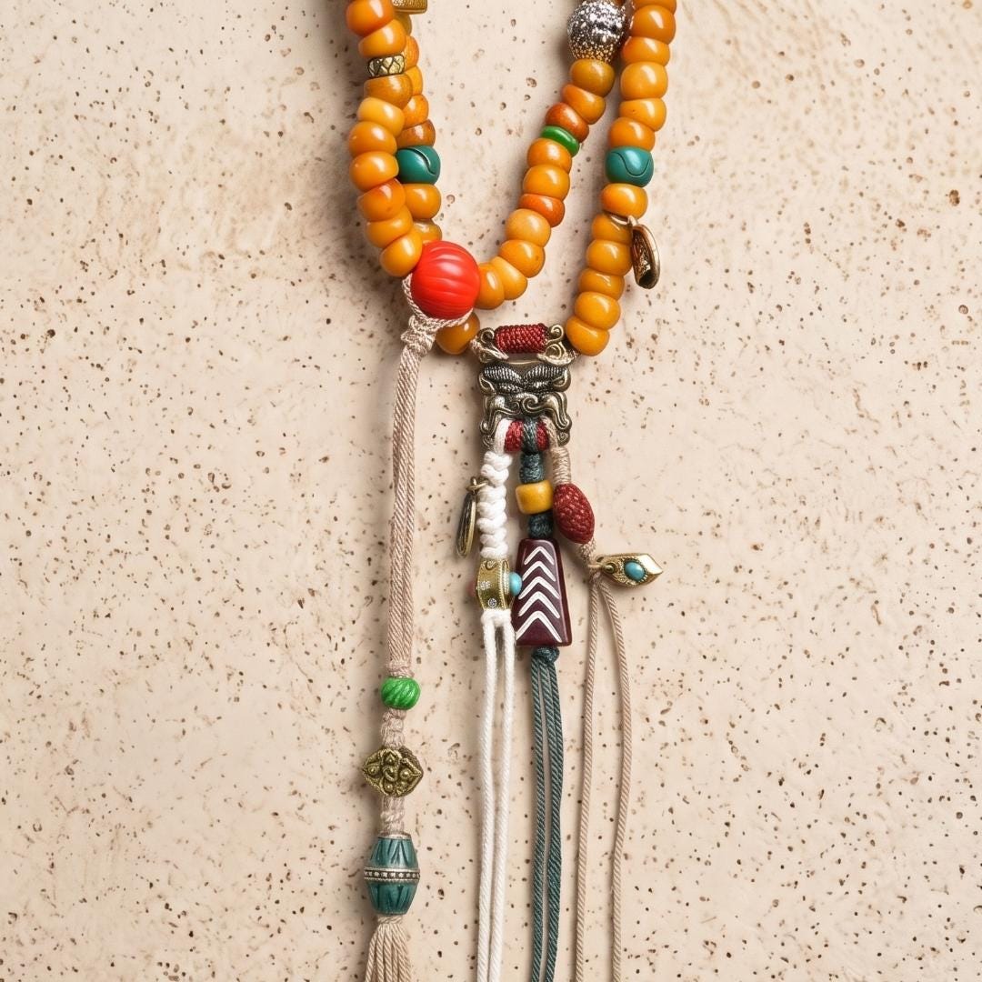 108 Mala Beads Necklace, Dzi Bead, Ethnic Charm, Boho Wrap Bracelet, Meditation Jewelry