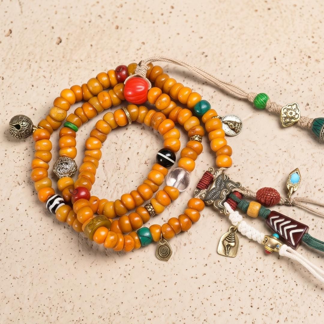 108 Mala Beads Necklace, Dzi Bead, Ethnic Charm, Boho Wrap Bracelet, Meditation Jewelry