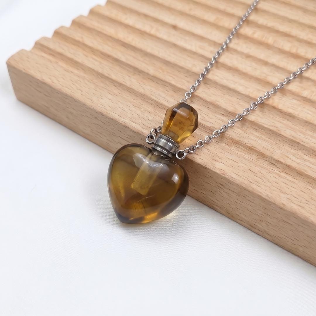 Heart Crystal Perfume Bottle Necklace, Natural Gemstone Essential Oil Vial Pendant, Dainty Healing Stone Vial, Mindful Self Care Gift