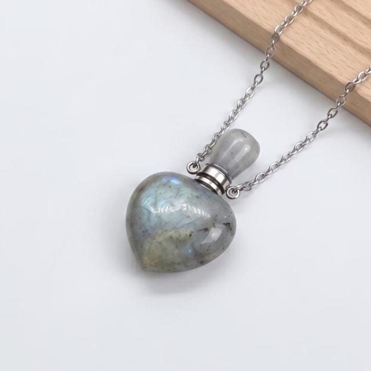 Heart Crystal Perfume Bottle Necklace, Natural Gemstone Essential Oil Vial Pendant, Dainty Healing Stone Vial, Mindful Self Care Gift