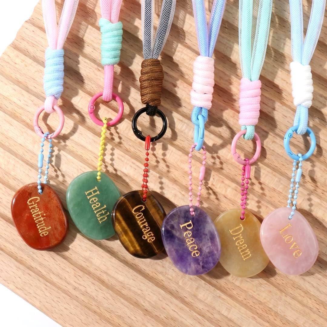 Mindfulness Crystal Blind Box, Personalized Worry Stone Bag Charm, Custom Engraved Disc Keychain, Mystery Phone Purse Accessory Token Gift