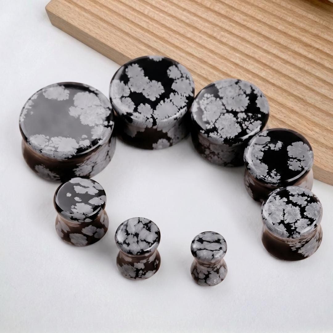 Natural Stone Plugs Double Flare, Tiger Eye Snowflake Obsidian Ear Gauges, Body Jewelry Gift