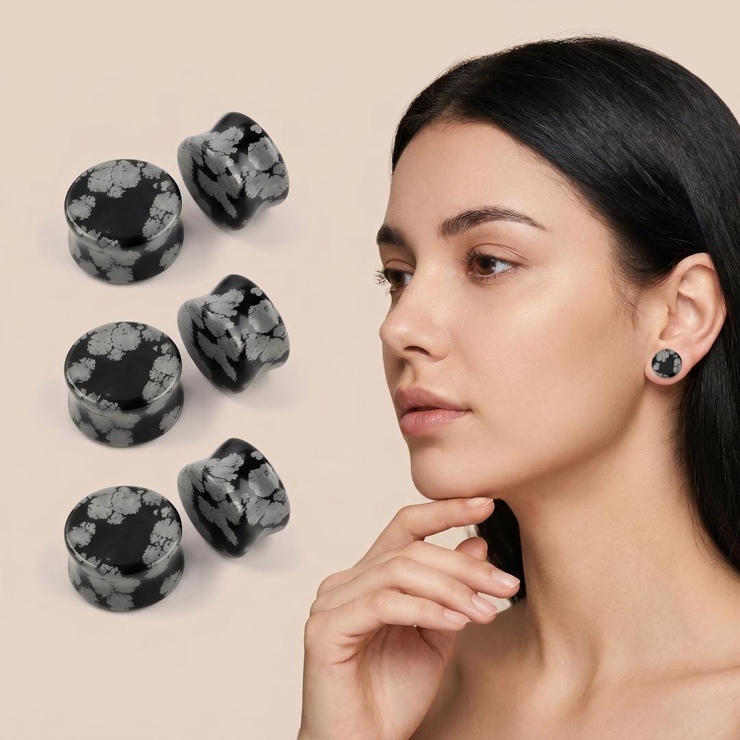 Natural Stone Plugs Double Flare, Tiger Eye Snowflake Obsidian Ear Gauges, Body Jewelry Gift