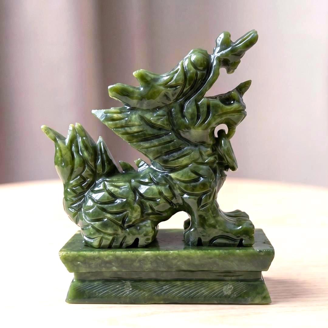 Natural Serpentine Jade Dragon Statue, Precision Carved Stone Sculpture, Mythical Home Guardian Ornament, Organic Totem, Unique Desk Decor