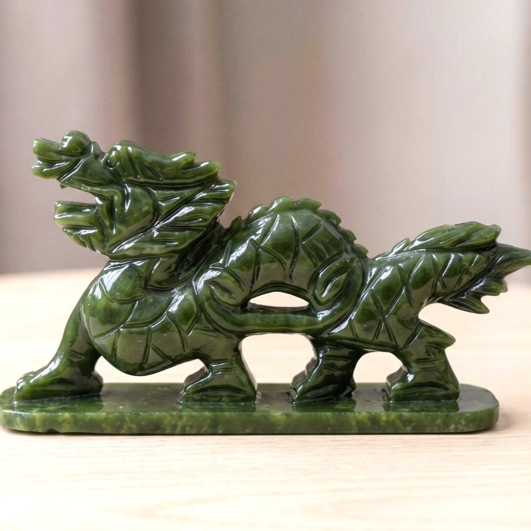 Natural Serpentine Jade Dragon Statue, Precision Carved Stone Sculpture, Mythical Home Guardian Ornament, Organic Totem, Unique Desk Decor