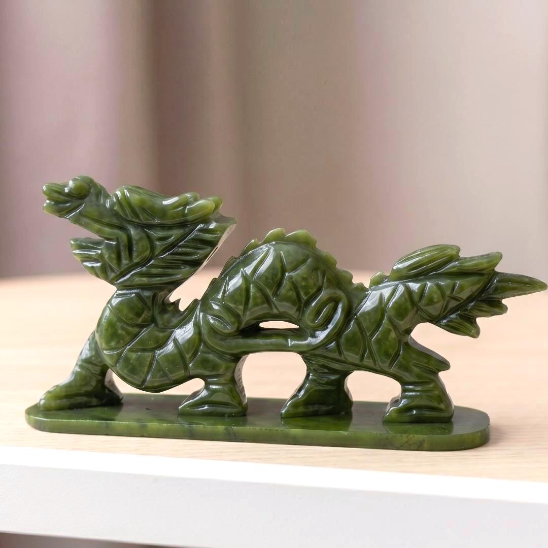 Natural Serpentine Jade Dragon Statue, Precision Carved Stone Sculpture, Mythical Home Guardian Ornament, Organic Totem, Unique Desk Decor