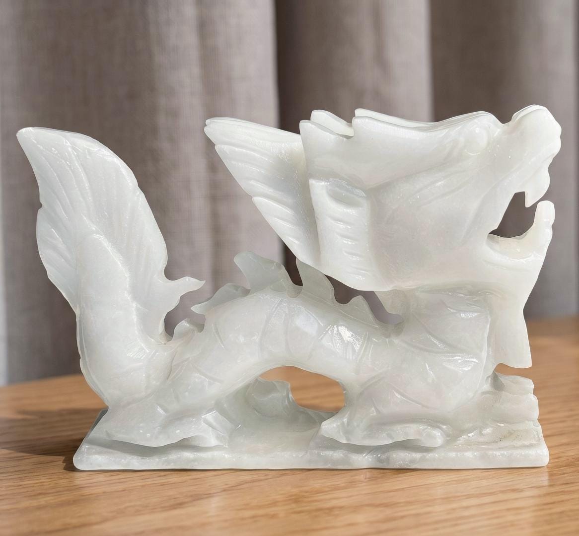 Natural Serpentine Jade Dragon Statue, Precision Carved Stone Sculpture, Mythical Home Guardian Ornament, Organic Totem, Unique Desk Decor