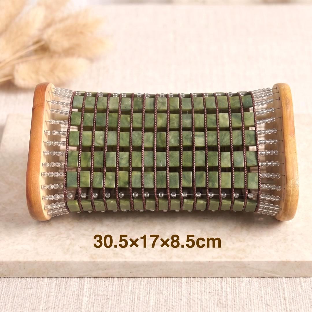 Natural Serpentine Jade Pillow, Cooling Stone Neck Pillow for Sleep, Ribbed Jade Bead Bedding, Wooden Contour Headrest, Self Care Gift