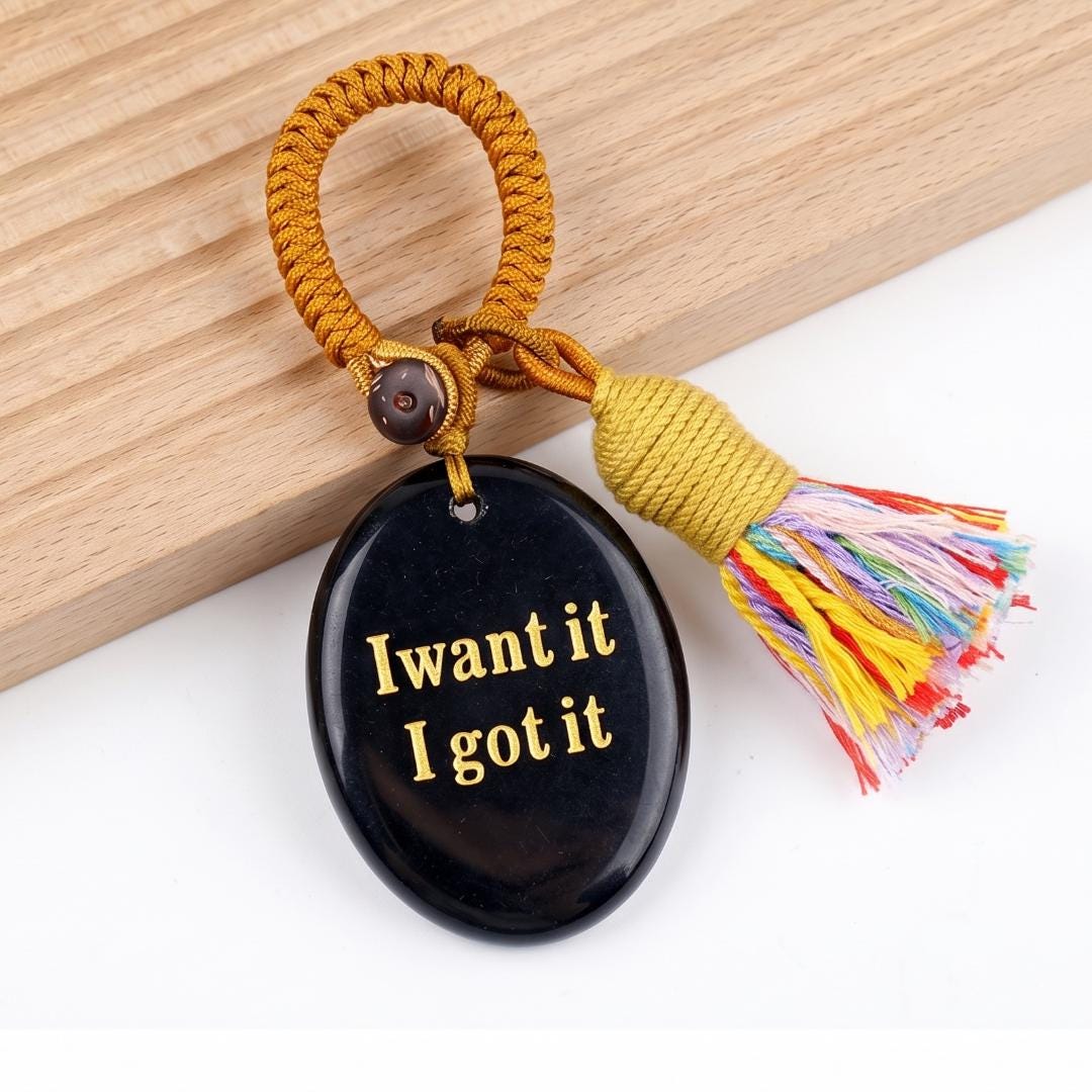 Mindfulness Crystal Bag Charm, I Want It I Got It Engraved Gemstone Keychain, Car Mirror Hanging Ornament, Graduation Manifestation Gift