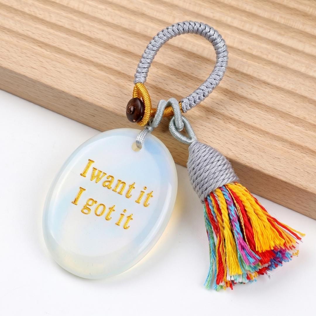 Mindfulness Crystal Bag Charm, I Want It I Got It Engraved Gemstone Keychain, Car Mirror Hanging Ornament, Graduation Manifestation Gift