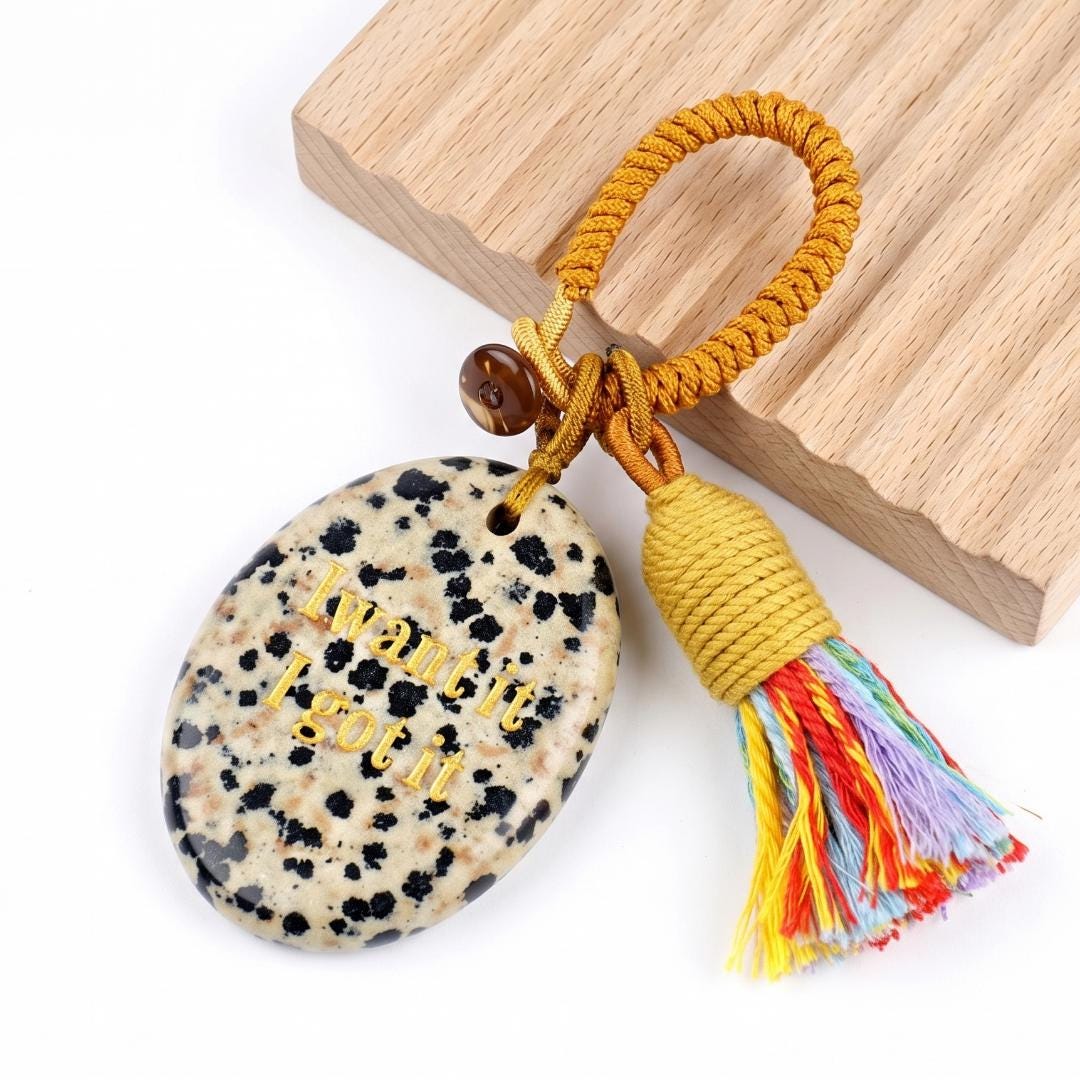 Mindfulness Crystal Bag Charm, I Want It I Got It Engraved Gemstone Keychain, Car Mirror Hanging Ornament, Graduation Manifestation Gift