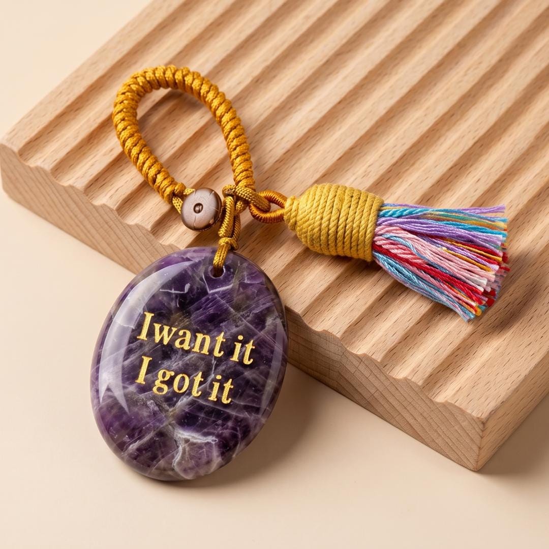 Mindfulness Crystal Bag Charm, I Want It I Got It Engraved Gemstone Keychain, Car Mirror Hanging Ornament, Graduation Manifestation Gift
