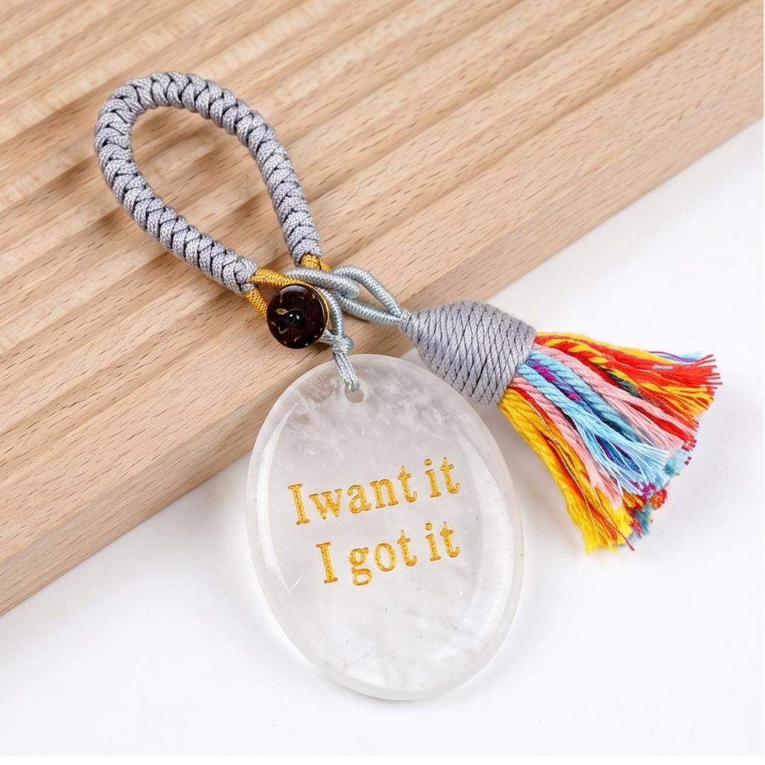Mindfulness Crystal Bag Charm, I Want It I Got It Engraved Gemstone Keychain, Car Mirror Hanging Ornament, Graduation Manifestation Gift