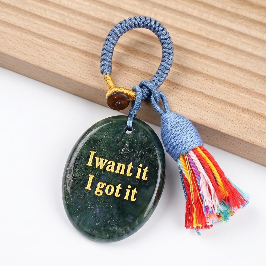 Mindfulness Crystal Bag Charm, I Want It I Got It Engraved Gemstone Keychain, Car Mirror Hanging Ornament, Graduation Manifestation Gift