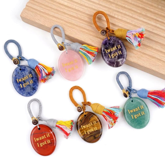 Mindfulness Crystal Bag Charm, I Want It I Got It Engraved Gemstone Keychain, Car Mirror Hanging Ornament, Graduation Manifestation Gift