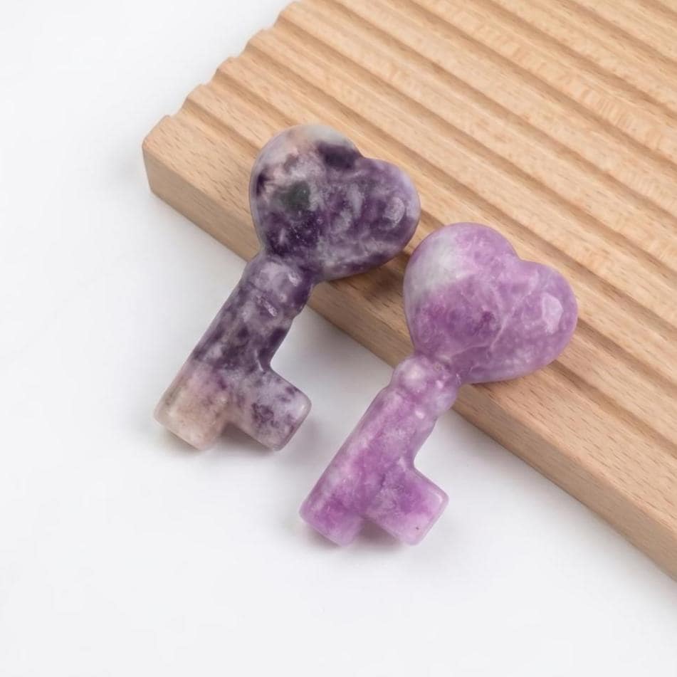 Gemstone Heart Key Pendant, Crystal Carving Key for Jewelry Making, Rose Quartz Amethyst Obsidian Key Charm, Healing Crystal Gift DIY