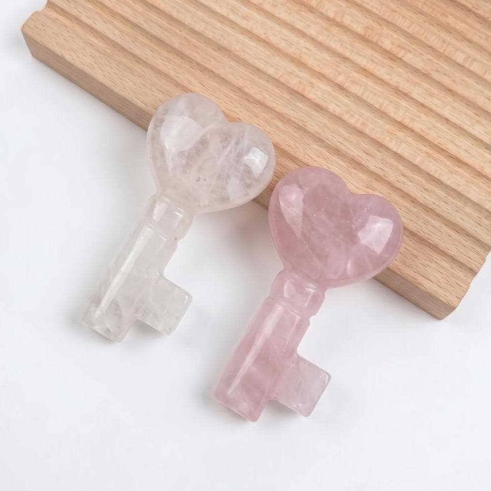Gemstone Heart Key Pendant, Crystal Carving Key for Jewelry Making, Rose Quartz Amethyst Obsidian Key Charm, Healing Crystal Gift DIY