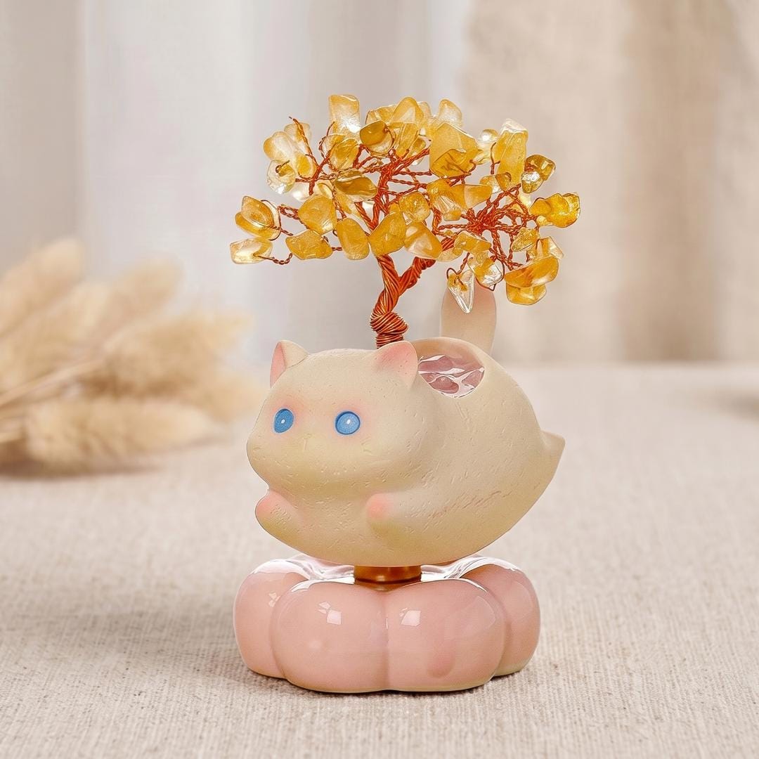 Spinning Lucky Cat Crystal Money Tree, Rotating Gemstone Feng Shui Tree, Cute Cat Lover Gift for Her, Interactive Calming Desk Toy Ornament