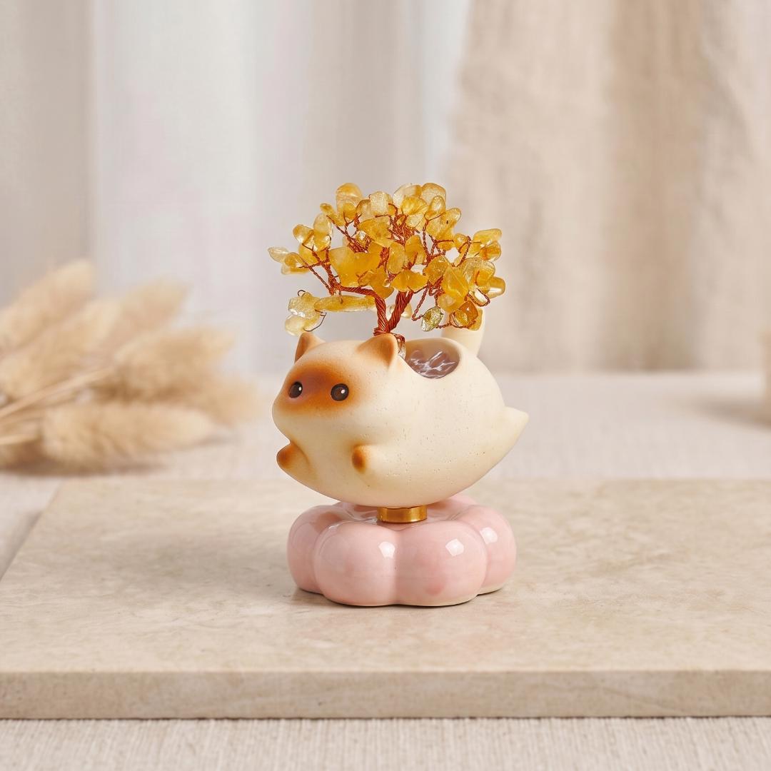 Spinning Lucky Cat Crystal Money Tree, Rotating Gemstone Feng Shui Tree, Cute Cat Lover Gift for Her, Interactive Calming Desk Toy Ornament