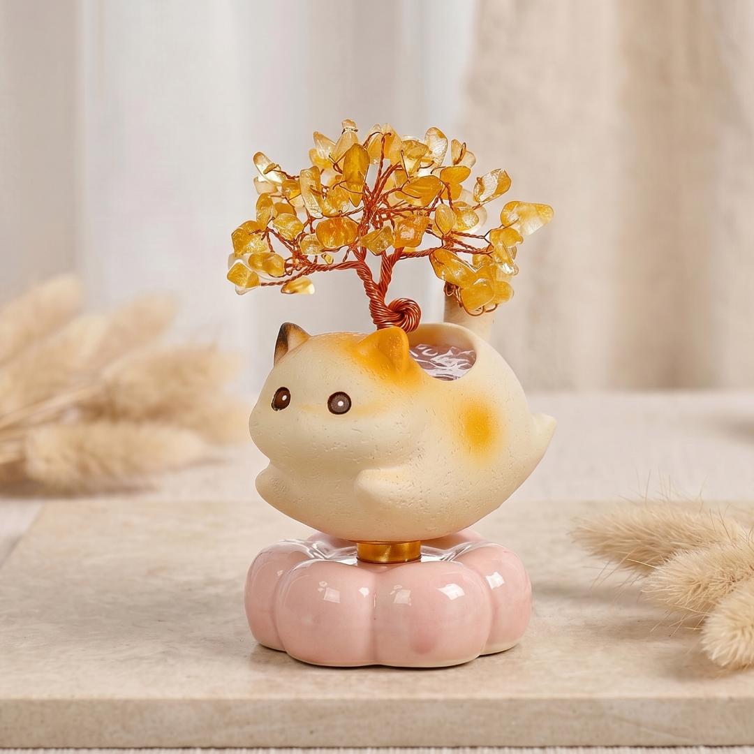 Spinning Lucky Cat Crystal Money Tree, Rotating Gemstone Feng Shui Tree, Cute Cat Lover Gift for Her, Interactive Calming Desk Toy Ornament