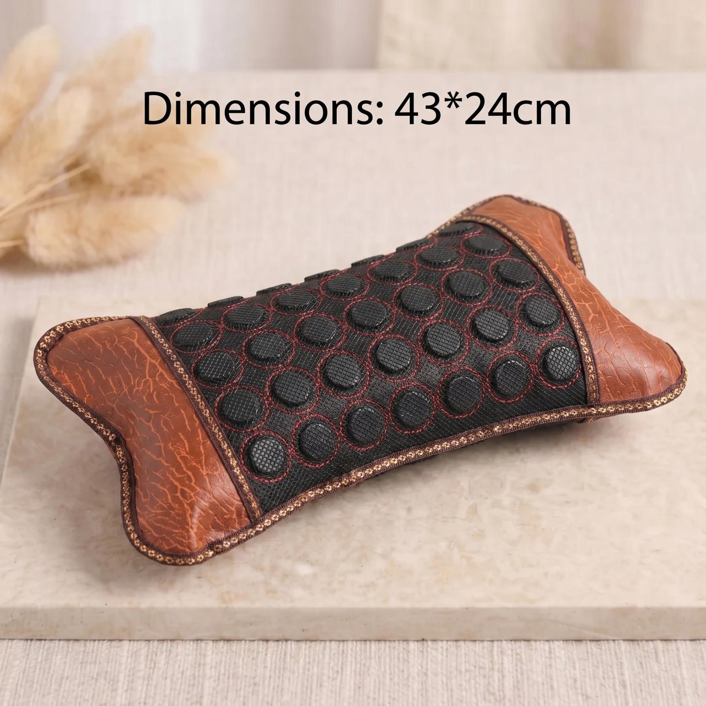 Natural Serpentine Jade Pillow, Cooling Stone Neck Pillow for Sleep, Ribbed Jade Bead Bedding, Wooden Contour Headrest, Self Care Gift
