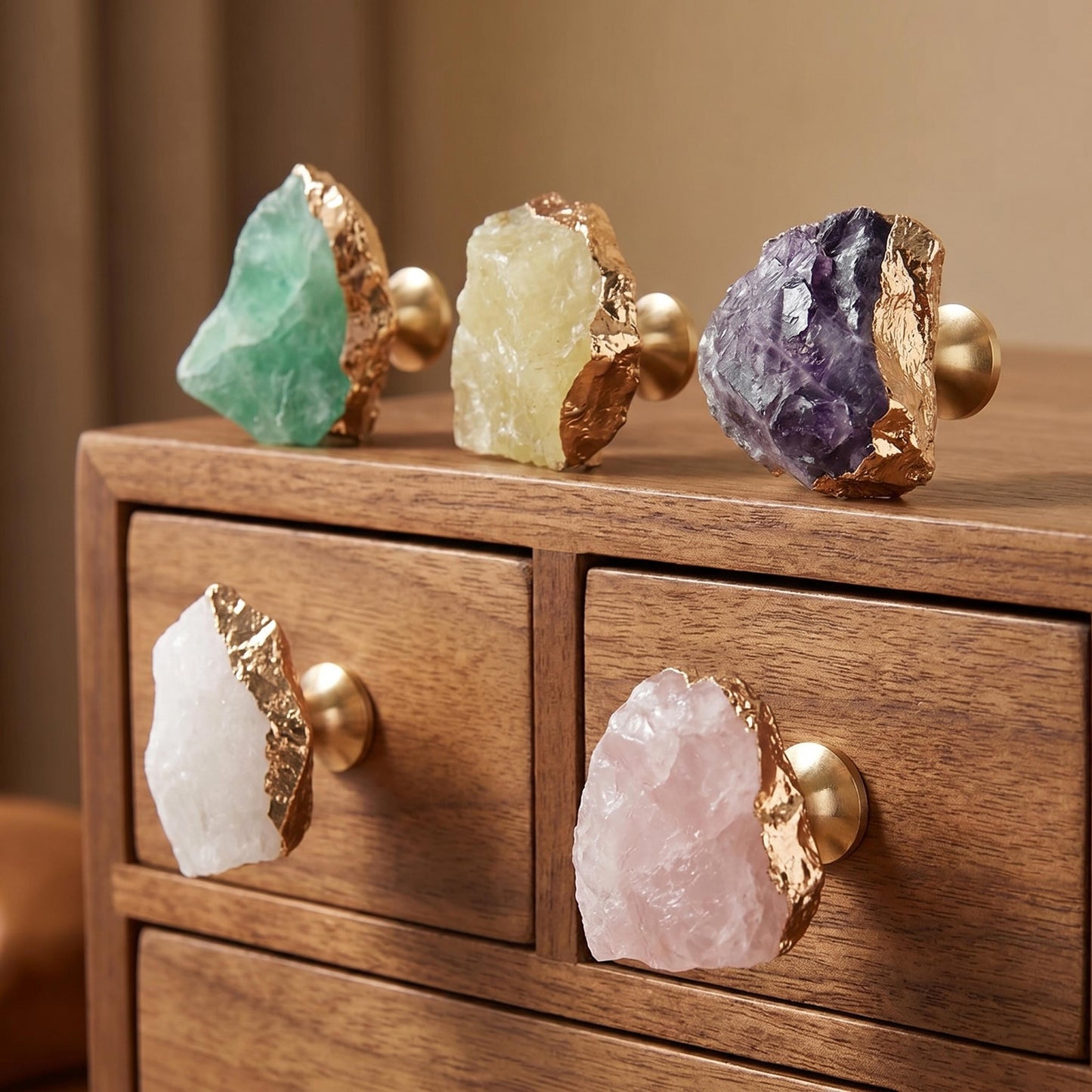 Natural Crystal Cabinet Knob with Gold Edge, Raw Amethyst Rose Quartz Drawer Pull, Single Hole Wardrobe Handle, Luxury Home Decor Hardware
