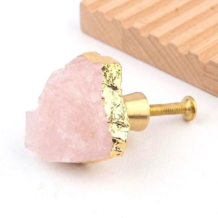 Natural Crystal Cabinet Knob with Gold Edge, Raw Amethyst Rose Quartz Drawer Pull, Single Hole Wardrobe Handle, Luxury Home Decor Hardware