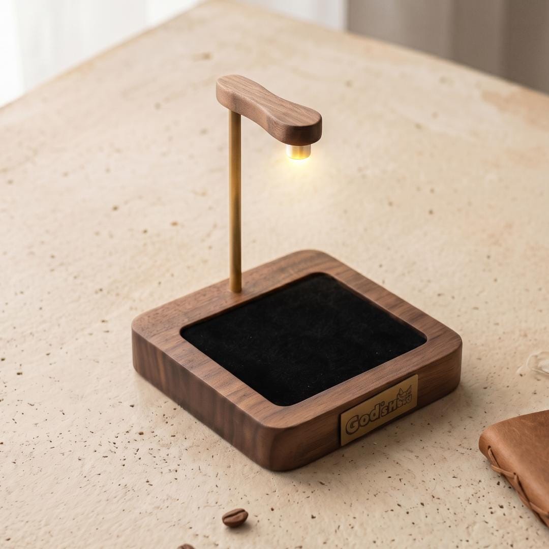 LED Spotlight Crystal Display Base, Walnut Wood Stand for Crystals & Minerals, Custom Brass Nameplate, Cordless Battery or USB Toy Showcase