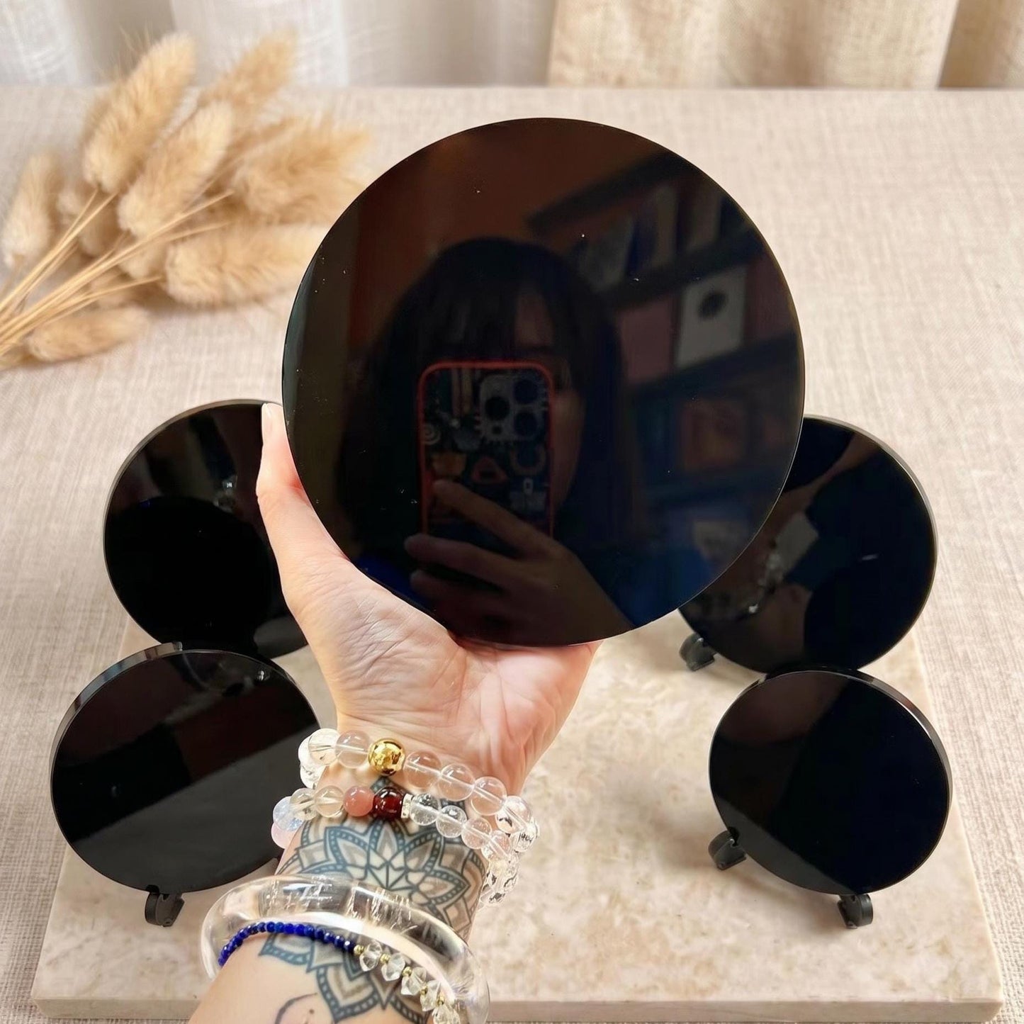 Black Obsidian Scrying Mirror with Normal Stand, Matte Crystal Divination Plate, Spiritual Shadow Work Tool, Mindfulness Meditation Gift