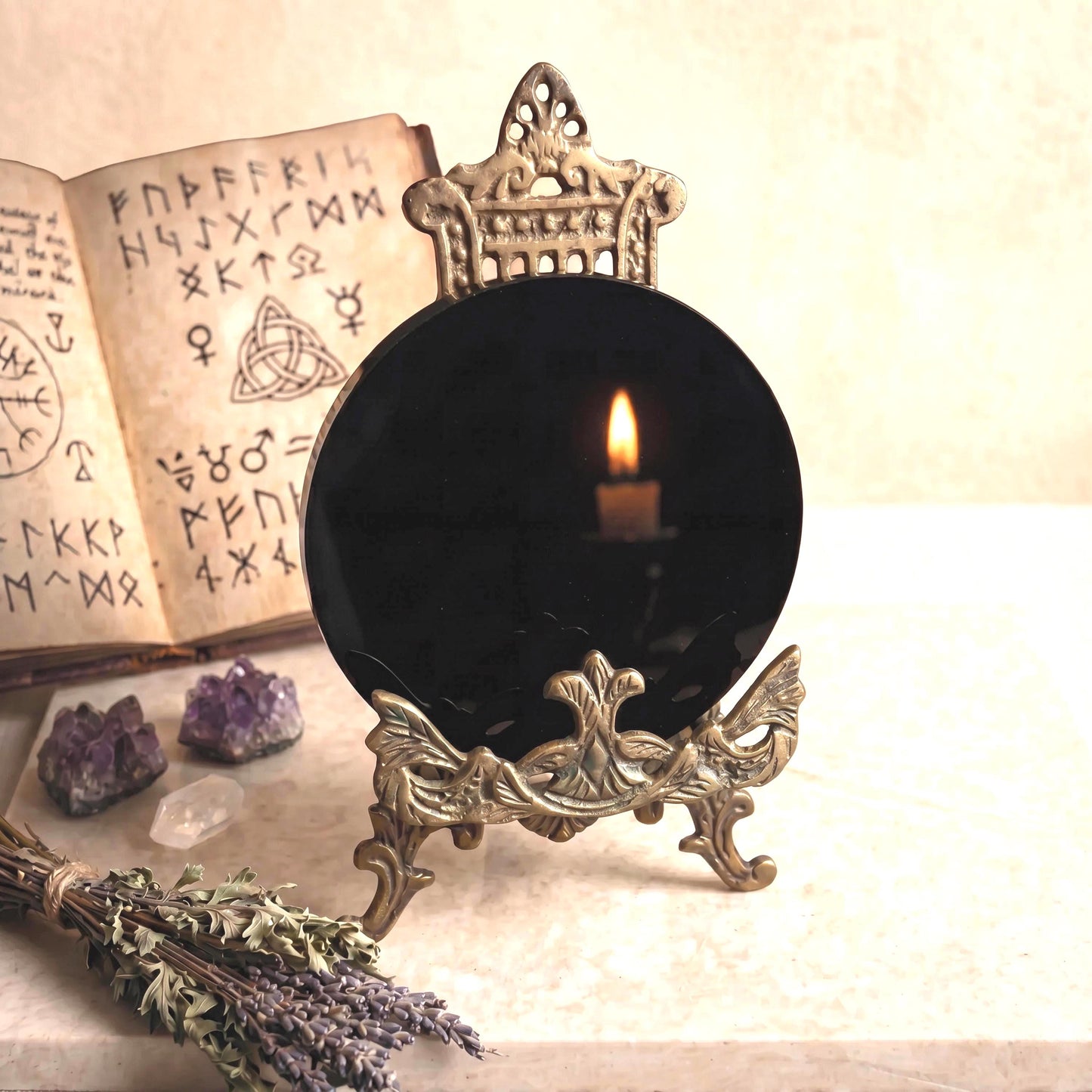Black Obsidian Scrying Mirror with Stand, Matte Natural Crystal Divination Plate, Spiritual Shadow Work Tool, Mindfulness Meditation Gift