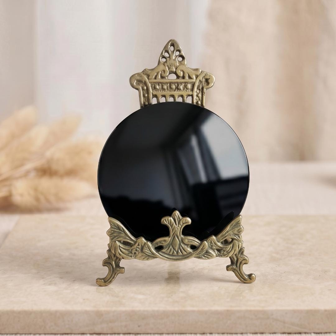 Black Obsidian Scrying Mirror with Normal Stand, Matte Crystal Divination Plate, Spiritual Shadow Work Tool, Mindfulness Meditation Gift