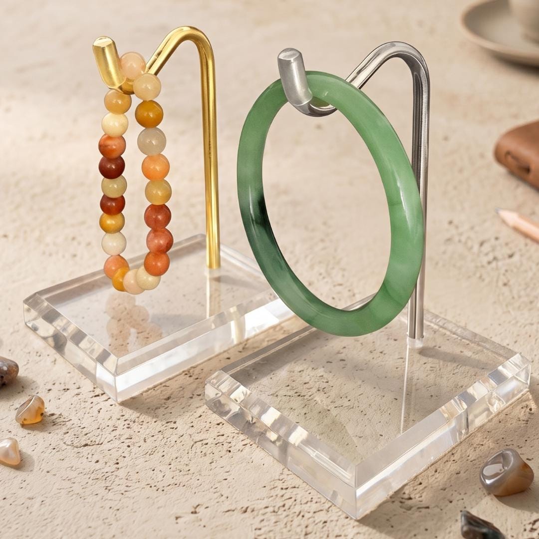 Acrylic Crystal Bracelet Holder, Gold Metal Hook Jewelry Stand, Compact Bangle Pedestal Vanity Organizer, Aesthetic Photography Display Prop