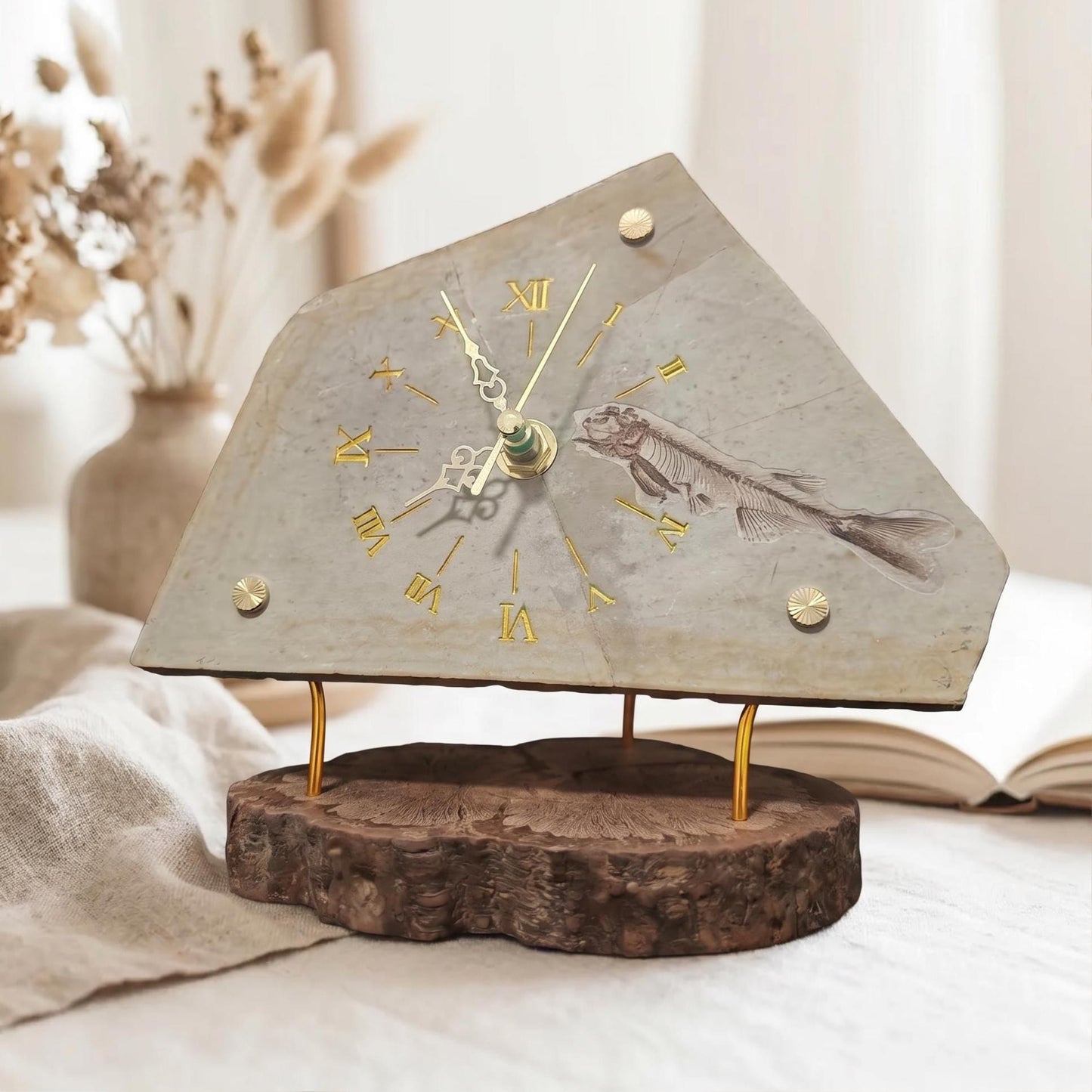 Fish Fossil Clock, Natural Stone Desk Timepiece, Irregular Rock Slab Mantle Watch, Unique Wood Base Ornament, Science Geek Gift for Him