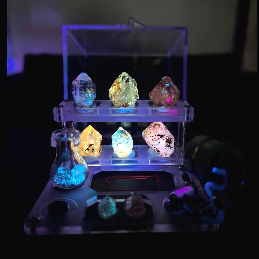 UV Light Fluorescent Mineral Display Case, Acrylic Tiered Crystal Storage Box, Light up Specimen Showcase, Desk Organiser Geologist Gift
