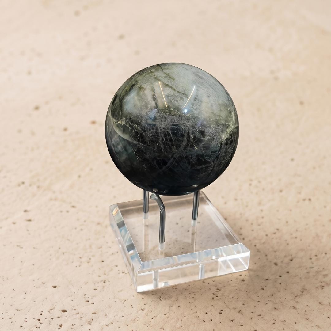 Mineral Display Stand with Acrylic Base, Three Metal Leg Crystal Holder, Slanted Specimen Pedestal for Spheres & Eggs, Unique Gift