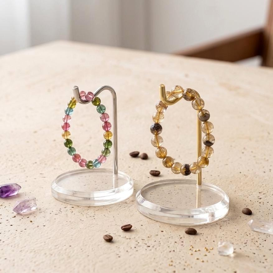 Acrylic Crystal Bracelet Holder, Gold Metal Hook Jewelry Stand, Compact Bangle Pedestal Vanity Organizer, Aesthetic Photography Display Prop