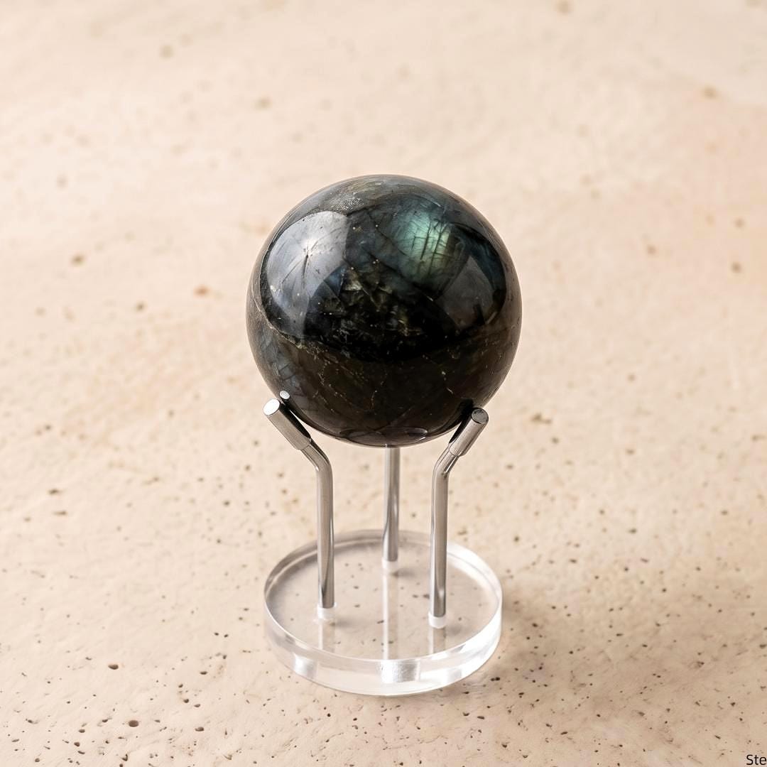 Three Metal Leg Mineral Display Stand with Acrylic Base, Slanted Crystal Pedestal Holder for Spheres & Eggs, Unique Rockhound Gift Box