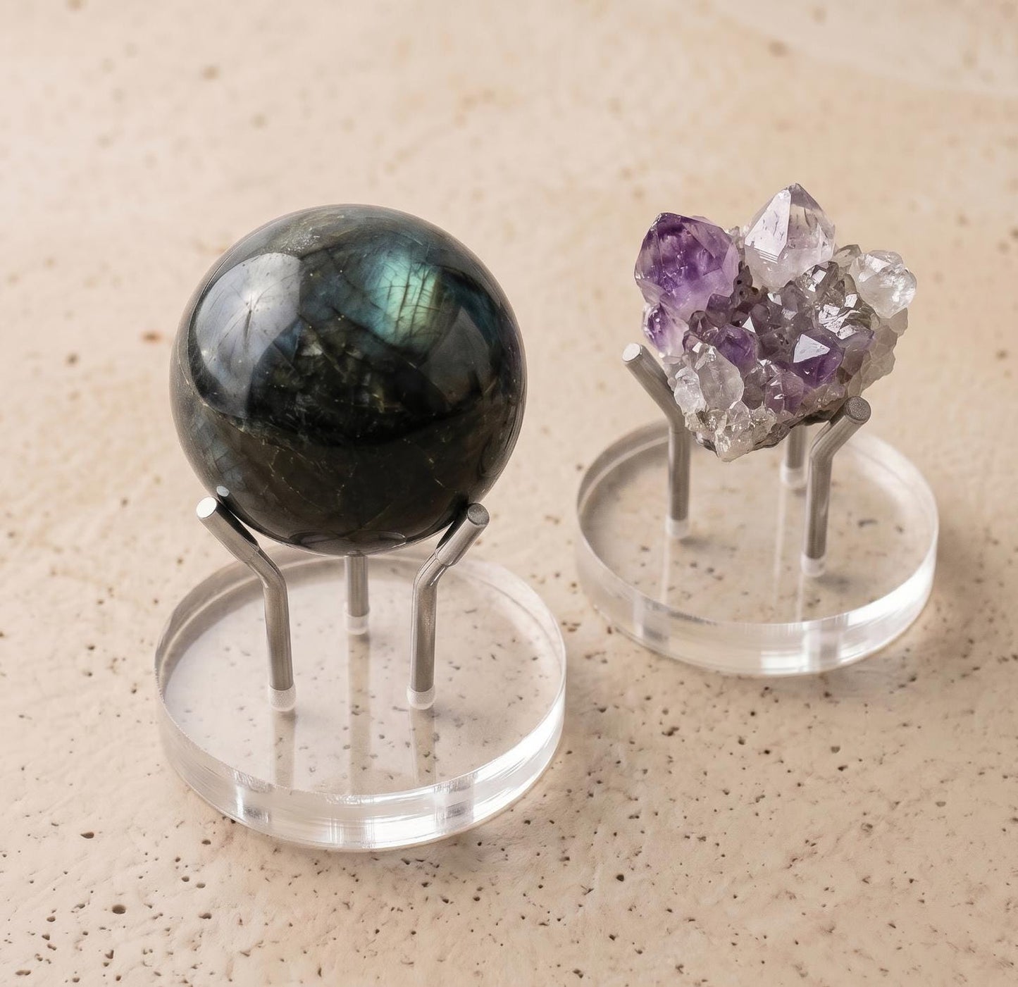 Three Metal Leg Mineral Display Stand with Acrylic Base, Slanted Crystal Pedestal Holder for Spheres & Eggs, Unique Rockhound Gift Box