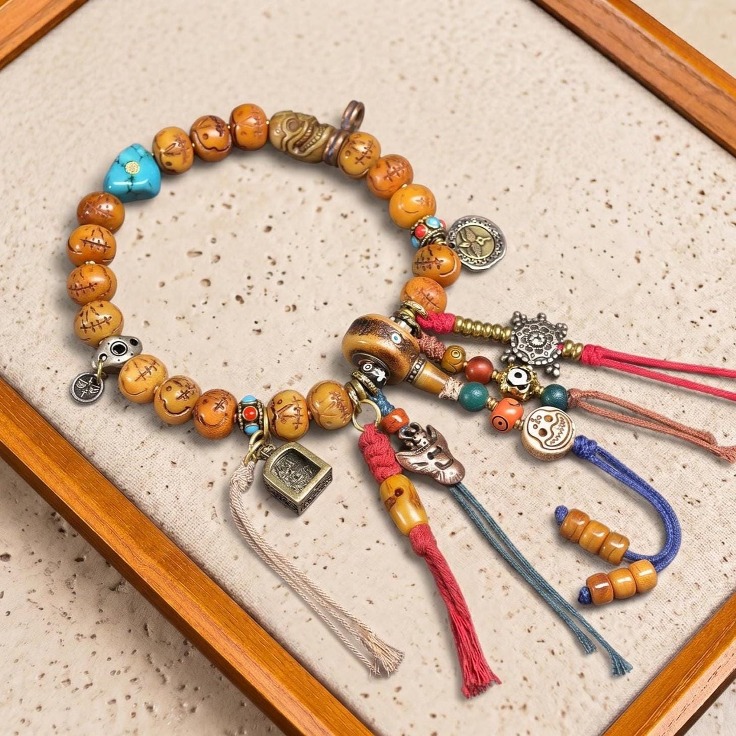Himalayan Inlaid Turquoise Agate Dzi Pendant, Mystical Totem Charm with Brass End Caps, Tribal Marker Bead for Mala Necklace Jewelry