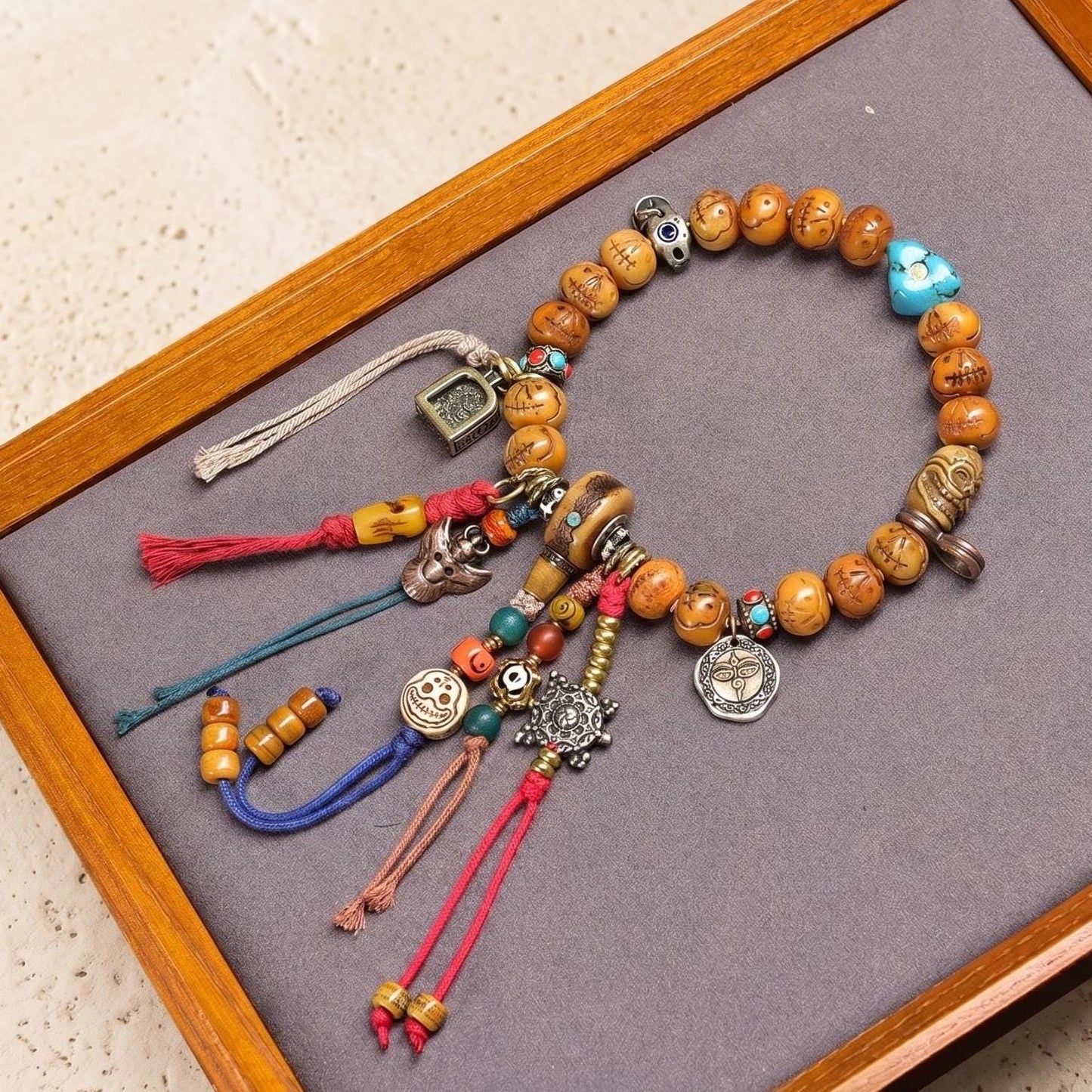 Himalayan Inlaid Turquoise Agate Dzi Pendant, Mystical Totem Charm with Brass End Caps, Tribal Marker Bead for Mala Necklace Jewelry