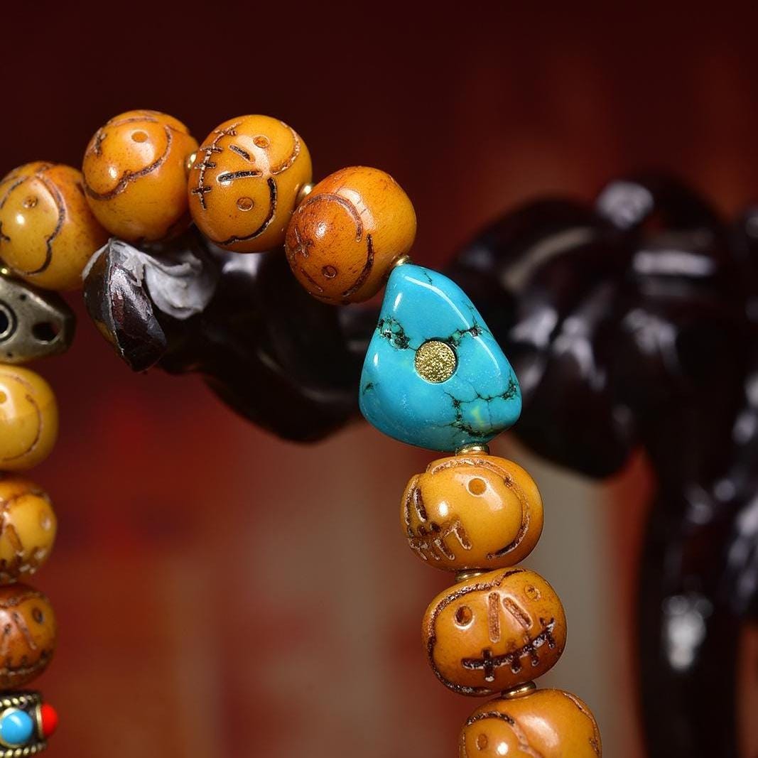 Himalayan Inlaid Turquoise Agate Dzi Pendant, Mystical Totem Charm with Brass End Caps, Tribal Marker Bead for Mala Necklace Jewelry