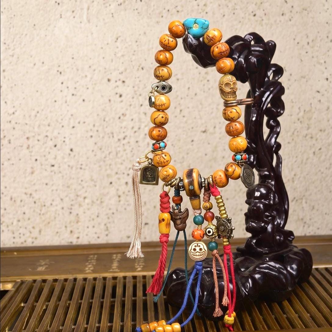 Himalayan Inlaid Turquoise Agate Dzi Pendant, Mystical Totem Charm with Brass End Caps, Tribal Marker Bead for Mala Necklace Jewelry