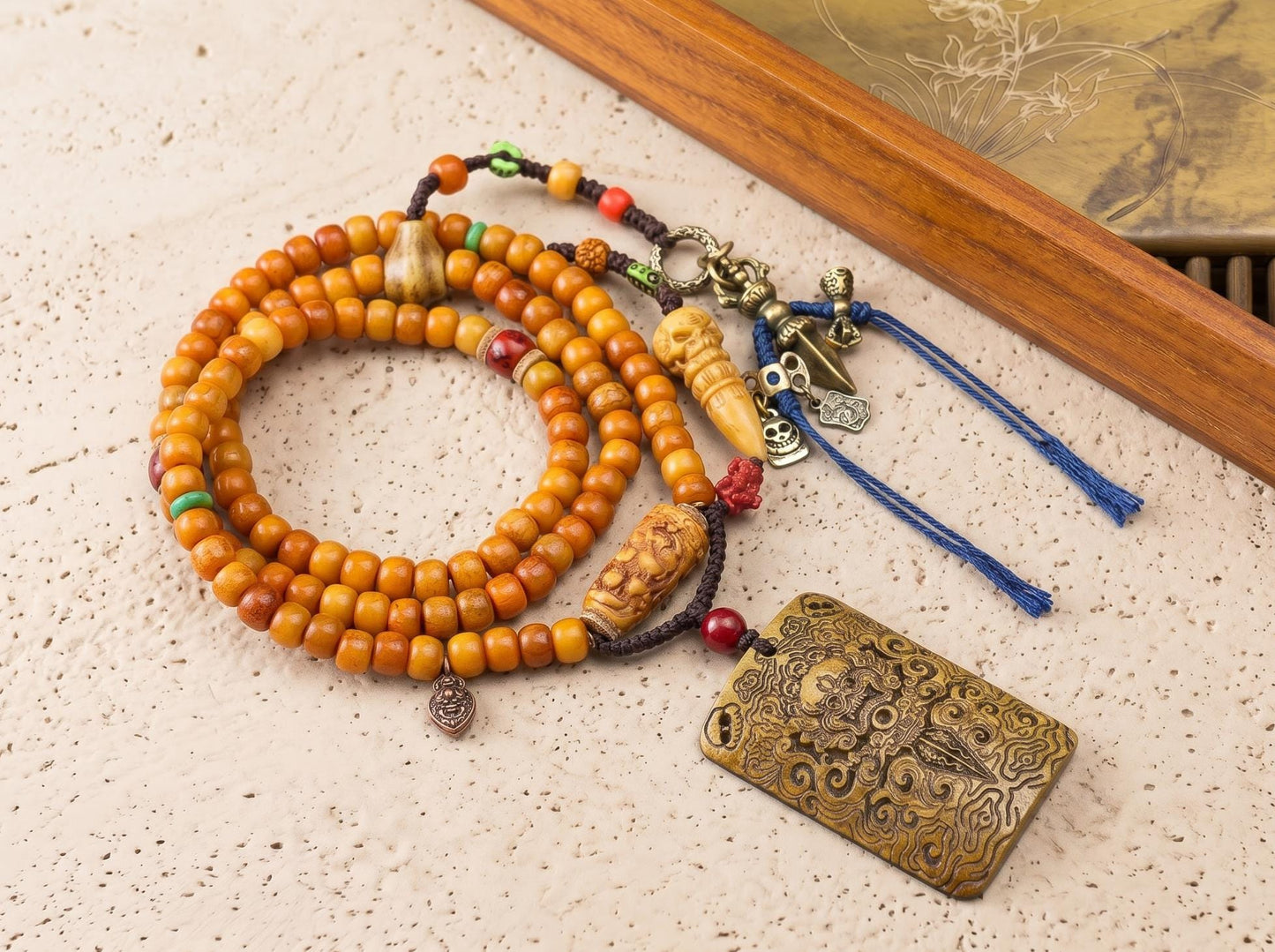 108 Mala Beads Necklace with Mahakala Pendant, Brass Vajra Bell Counter Clip, Esoteric Totem Amulet, Spiritual Yoga Meditation Jewelry
