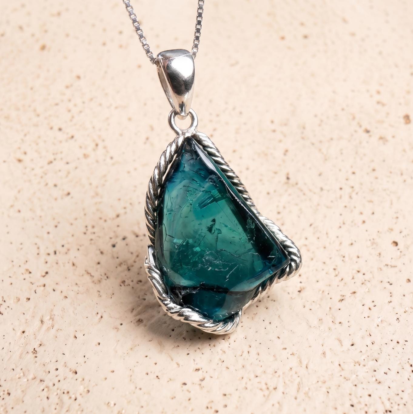 Natural Indicolite Tourmaline Pendant, Rare Blue Crystal Necklace 925 Sterling Silver, Raw Teal Gemstone Jewelry October Birthstone Gift