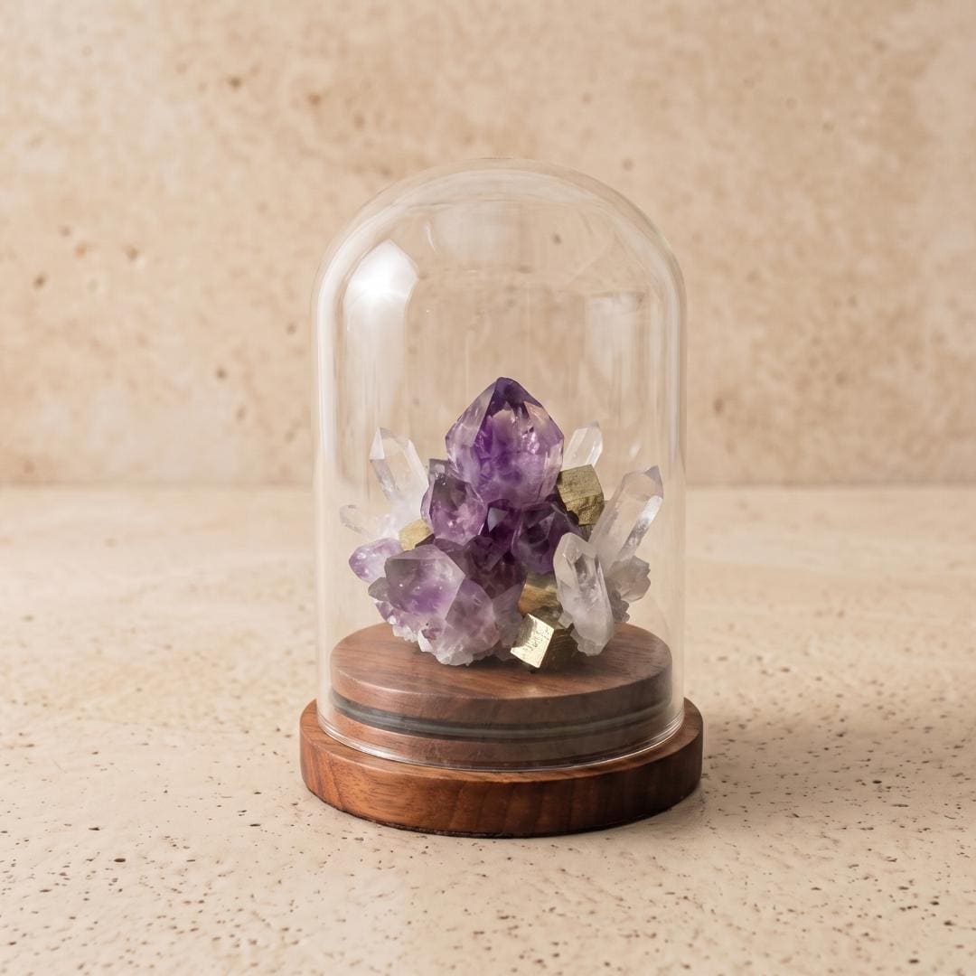 Custom Glass Cloche Dome with Wooden Base, Personalized Nameplate Display Case for Crystals Mineral Specimen, Preserved Flower Gift Stand