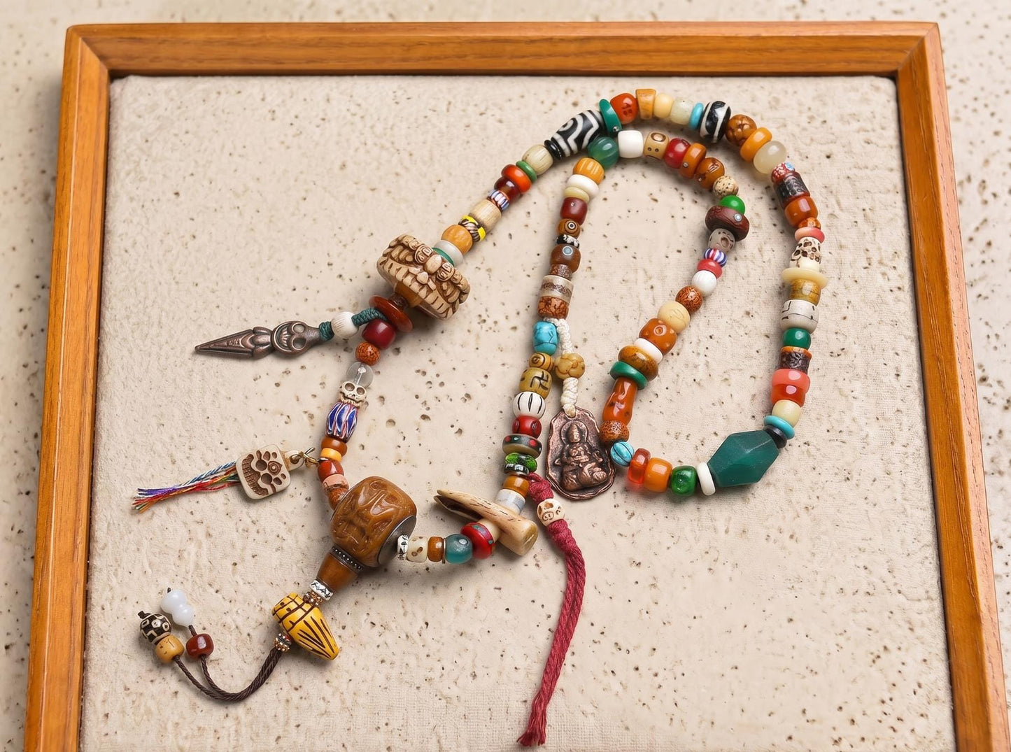 Handmade 108 Mala Multi-wrap Bracelet & Necklace, Dzi Bead Protection Amulet, Boho Tribal Yoga Prayer Beads, Spiritual Jewelry Gift