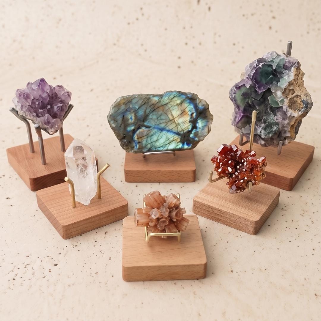 Adjustable Mineral Display Stand, Crystal Sphere Holder, Geode Cluster Wooden Base, Specimen Easel, Unique Rock Collector Gift